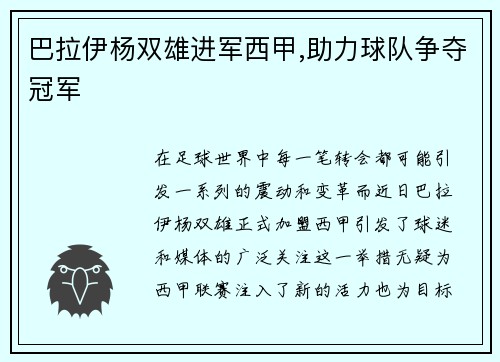巴拉伊杨双雄进军西甲,助力球队争夺冠军
